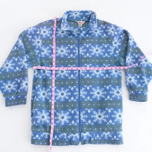 Vintage Haband! Blue & Green Snowflake Fleece Collared Sweater - Picture 4 of 12